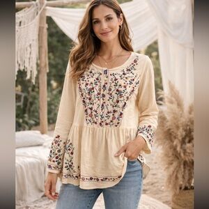 Umgee Cream Embroidered Boho Tunic Top